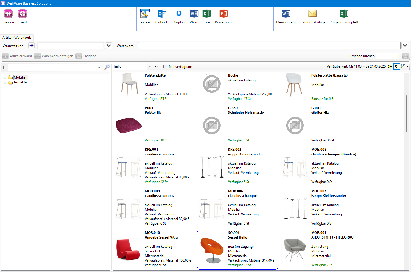 DW.warehouse Artikel & Warenkorb im Portal
