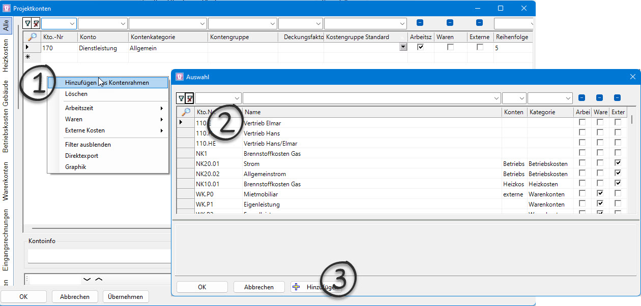 Projektkonten ergänzen